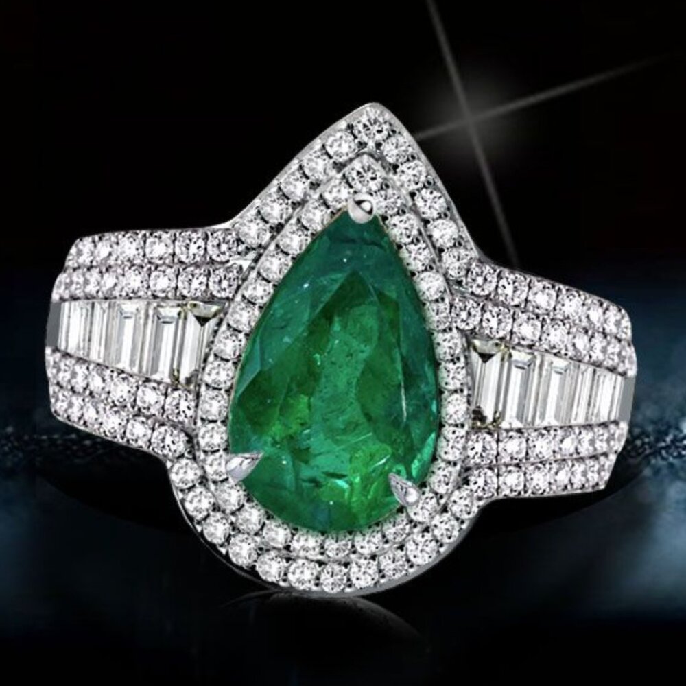 Halo Pear Cut Emerald Green Engagement Ring, size 6 3/4 - Picture 2 of 8